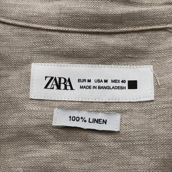 Zara Shirt Mens Size M Hawaiian Camp Collar Oversized Fit 100% Linen Beige - Picture 4 of 4